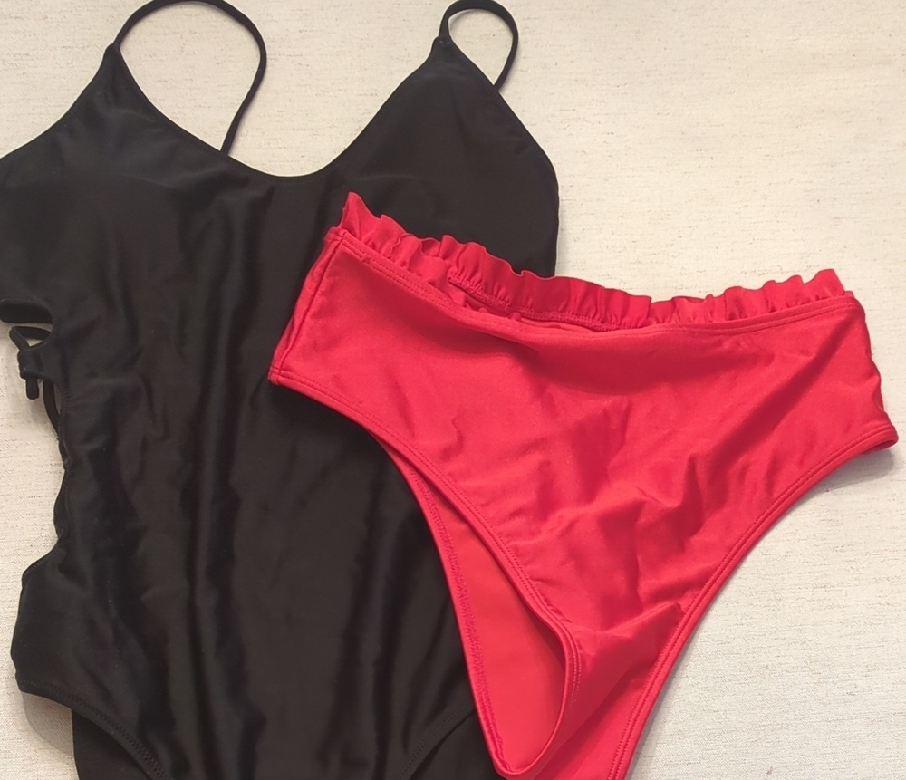 Express Women Swim Black One-Piece with Red Bikini Bottoms